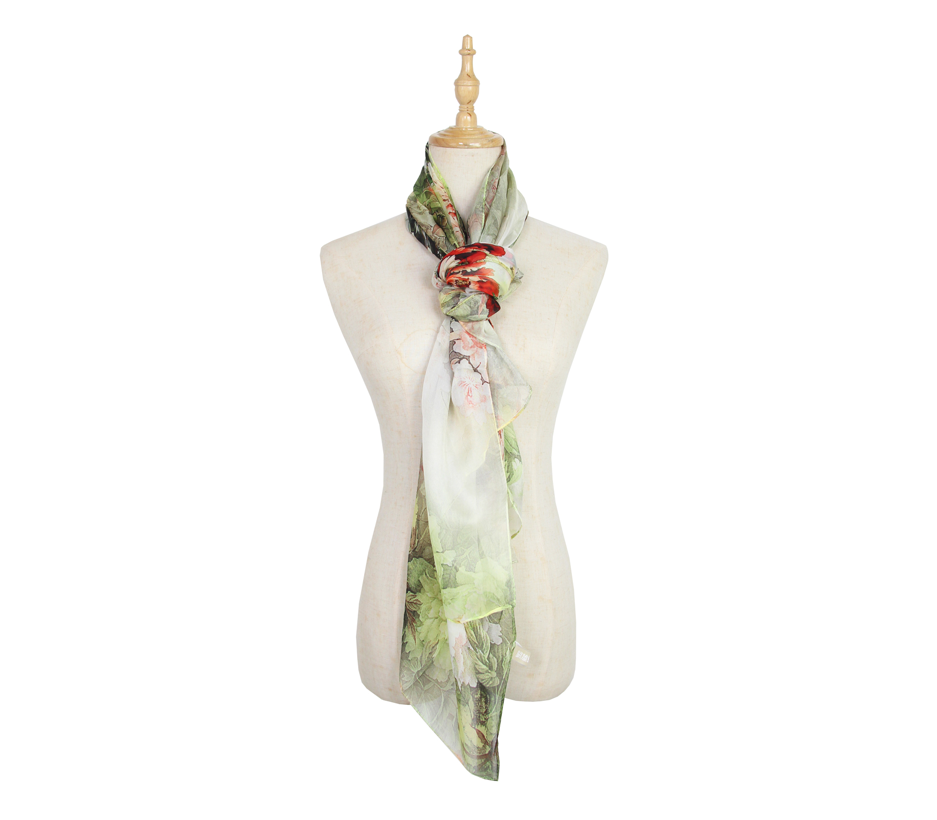 闕蘭絹印花花朵蠶絲絲巾(175*65)- 綠色 - 1005